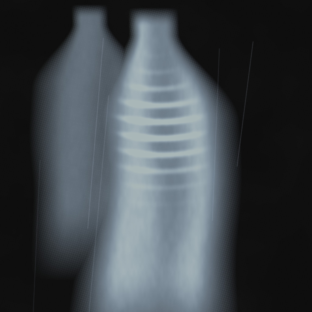 A figure composed entirely of vertical parallel lines that bow outward at the waist, as though a current were passing upward through a body and widening as it went.
